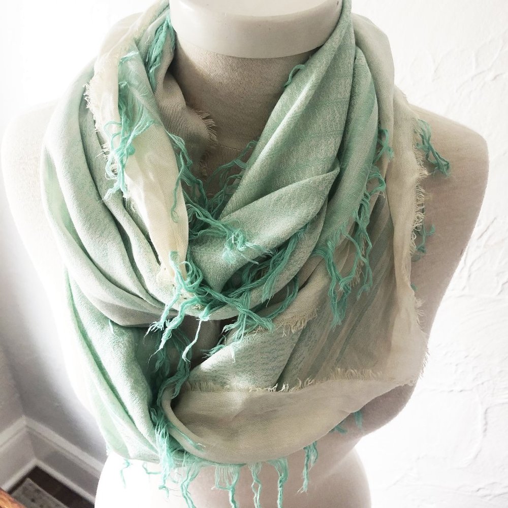 Green & White Tassled Infinity Scarf
